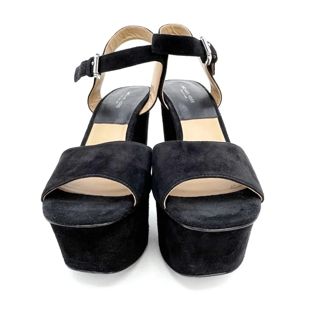 Michael Kors Collection Harley Platform Sandal Chunky Heels Black Suede Size 7.5